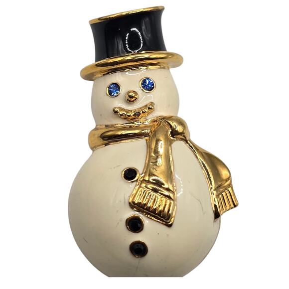 Monet Snowman Brooch Pin Gold Tone Enamel Scarf Blue Eyes Holiday Jewelry Gift - Picture 1 of 11